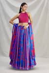 Buy_Show Shaa_Blue Silk, Pleated Satin Leaf Motifs Halter Neck Phoebe Printed Lehenga Set _Online_at_Aza_Fashions