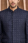 Aham-Vayam_Blue Silk Blend Velvet Geometric Embellished Bandhgala_at_Aza_Fashions