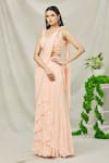 Buy_ARPAN VOHRA_Peach Georgette Embroidered Pearls Scoop Pre-draped Ruffle Saree With Blouse _at_Aza_Fashions