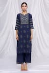 Aryavir Malhotra_Blue Cotton Blend Printed Floral Notched Kurta Set _Online_at_Aza_Fashions