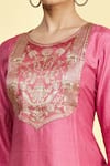 Samyukta Singhania_Pink Cotton Blend Woven Floral Round Neck Kurta Set_at_Aza_Fashions