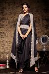 Buy_Stotram_Black Silk Embroidered Floral Round Cape And Draped Skirt Set_at_Aza_Fashions