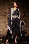 Stotram_Black Silk Embroidered Floral Round Cape And Draped Skirt Set_Online_at_Aza_Fashions