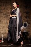 Buy_Stotram_Black Silk Embroidered Floral Round Cape And Draped Skirt Set_Online_at_Aza_Fashions