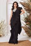 Buy_Stotram_Black Dupion Silk Embellished Pearl Round Pre-draped Saree With Blouse _at_Aza_Fashions