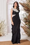Stotram_Black Dupion Silk Embellished Pearl Round Pre-draped Saree With Blouse _Online_at_Aza_Fashions