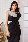 Stotram_Black Dupion Silk Embellished Pearl Round Pre-draped Saree With Blouse _at_Aza_Fashions