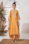 Stotram_Yellow Dupion Silk Embroidered Pearl Round Sequin Kaftan And Skirt Set _Online_at_Aza_Fashions