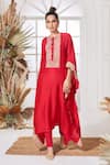 Buy_Stotram_Red Dupion Silk Embroidered Cutdana Round Sequin Kaftan And Pant Set _at_Aza_Fashions