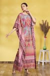 Buy_Aryavir Malhotra_Multi Color Soft Silk Printed Floral Motifs Notched Front Tie-up Kaftan _at_Aza_Fashions