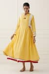 Buy_The Indian Cause_Yellow Cotton Floral Notched Saba Layered Dress_at_Aza_Fashions