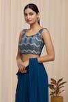 Shop_Samyukta Singhania_Blue Poly Georgette Embroidered Chevron Motifs Round Draped Skirt And Blouse Set _Online_at_Aza_Fashions