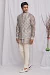 Ekam By Manish_Grey Semi Silk Moonga Printed Floral Bundi And Shirt Set  _Online_at_Aza_Fashions