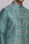 Ekam By Manish_Blue Semi Silk Moonga Printed Geometric Nehru Jacket  _at_Aza_Fashions