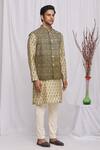 Ekam By Manish_Green Linen Printed Nehru Jacket_Online_at_Aza_Fashions