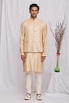 Shop_Ekam By Manish_Peach Semi Silk Moonga Printed Geometric Nehru Jacket _Online_at_Aza_Fashions