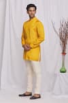 Buy_Ekam By Manish_Yellow Semi Silk Plain Mandarin Collar Shirt _Online_at_Aza_Fashions