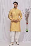 Shop_Ekam By Manish_Yellow Semi Silk Moonga Printed Floral Kurta Set _Online_at_Aza_Fashions