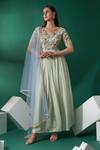 Buy_Suruchi Parakh_Green Cotton Silk Floral, Pearl, Thread, Mirrorwork V Neck Anarkali With Dupatta _at_Aza_Fashions