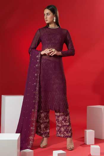 Buy_Suruchi Parakh_Maroon Georgette, Satin Sequin Round Embroidered Kurta Set _at_Aza_Fashions