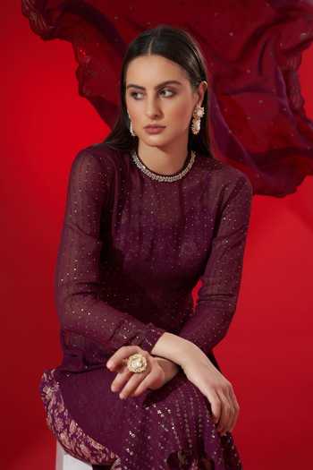Buy_Suruchi Parakh_Maroon Georgette, Satin Sequin Round Embroidered Kurta Set _Online_at_Aza_Fashions