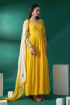 Suruchi Parakh_Yellow Georgette Embroidered Floral V Neck Pleated Anarkali With Dupatta _Online_at_Aza_Fashions