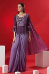 Suruchi Parakh_Purple Georgette Crepe Floral Scallop Neck Pre-draped Saree With Peplum Top_Online_at_Aza_Fashions