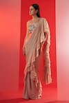 Suruchi Parakh_Beige Organza, Satin, Georgette Crepe Bead Pre-draped Ruffle Saree With Blouse _Online_at_Aza_Fashions