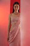 Shop_Suruchi Parakh_Pink Satin, Georgette Crepe Floral Sweetheart Neck Pre-draped Saree With Blouse _Online_at_Aza_Fashions