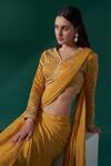 Buy_Suruchi Parakh_Yellow Satin, Georgette Crepe Floral V Neck Pre-draped Saree With Blouse_Online_at_Aza_Fashions