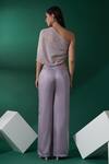 Shop_Suruchi Parakh_Purple Satin, Georgette Crepe One Shoulder Draped Crop Top And Ruffle Pant Set_at_Aza_Fashions