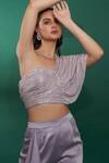 Shop_Suruchi Parakh_Purple Satin, Georgette Crepe One Shoulder Draped Crop Top And Ruffle Pant Set_Online_at_Aza_Fashions