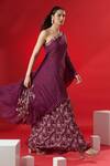 Suruchi Parakh_Purple Satin, Georgette Crepe Striped Motifs One Shoulder Tunic And Pant Set _Online_at_Aza_Fashions