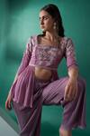 Buy_Suruchi Parakh_Purple Satin, Georgette Crepe Floral Motifs Asymmetric Crop Top And Pant Set_Online_at_Aza_Fashions
