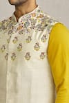 YAJY by Aditya Jain_White Linen Satin And Raw Silk Embroidery Thread Bundi & Kurta Set _at_Aza_Fashions