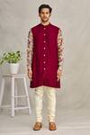 Shop_YAJY by Aditya Jain_Maroon Silk Floral Bundi And Kurta Set _Online_at_Aza_Fashions