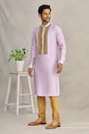 Buy_YAJY by Aditya Jain_Purple Silk Embroidery Thread Band Collar Kurta _at_Aza_Fashions