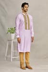 YAJY by Aditya Jain_Purple Silk Embroidery Thread Band Collar Kurta _Online_at_Aza_Fashions