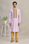 Shop_YAJY by Aditya Jain_Purple Silk Embroidery Thread Band Collar Kurta _Online_at_Aza_Fashions