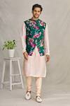 Buy_YAJY by Aditya Jain_Green Silk And Suede Floral Bundi & Kurta Set For Men_at_Aza_Fashions