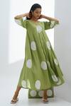 The Right Cut_Green Handloom Cotton Polka Dots V Neck Lemonbay Dress _Online_at_Aza_Fashions