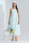 The Right Cut_Blue Handloom Cotton Floral Motifs Square Neck Lilycove Dress _Online_at_Aza_Fashions