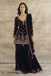 Buy_Sureena Chowdhri_Purple Silk Velvet Embroidery Sequin V Neck Kurta Gharara Set  _at_Aza_Fashions