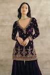 Buy_Sureena Chowdhri_Purple Silk Velvet Embroidery Sequin V Neck Kurta Gharara Set  _Online_at_Aza_Fashions