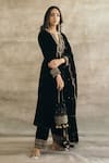 Buy_Sureena Chowdhri_Black Silk Velvet Embroidery Sequin Notched Kurta Pant Set  _at_Aza_Fashions