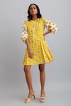 Buy_Nautanky_Yellow 100% Fine Cotton Daisy Round Print Puff Sleeve Dress _at_Aza_Fashions