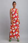 Nautanky_Red Neoprene Firangipani Print, Hibiscus Round Dress _at_Aza_Fashions