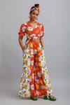 Nautanky_Red 100% Cotton Firangipani Print, Hibiscus V Neck Pant Set _Online_at_Aza_Fashions