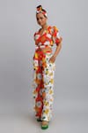 Nautanky_Red 100% Cotton Firangipani Print, Hibiscus V Neck Pant Set _at_Aza_Fashions