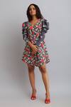 Shop_Nautanky_Grey 100% Fine Cotton Firangipani Print, Hibiscus V Neck Puff Sleeve Dress _Online_at_Aza_Fashions